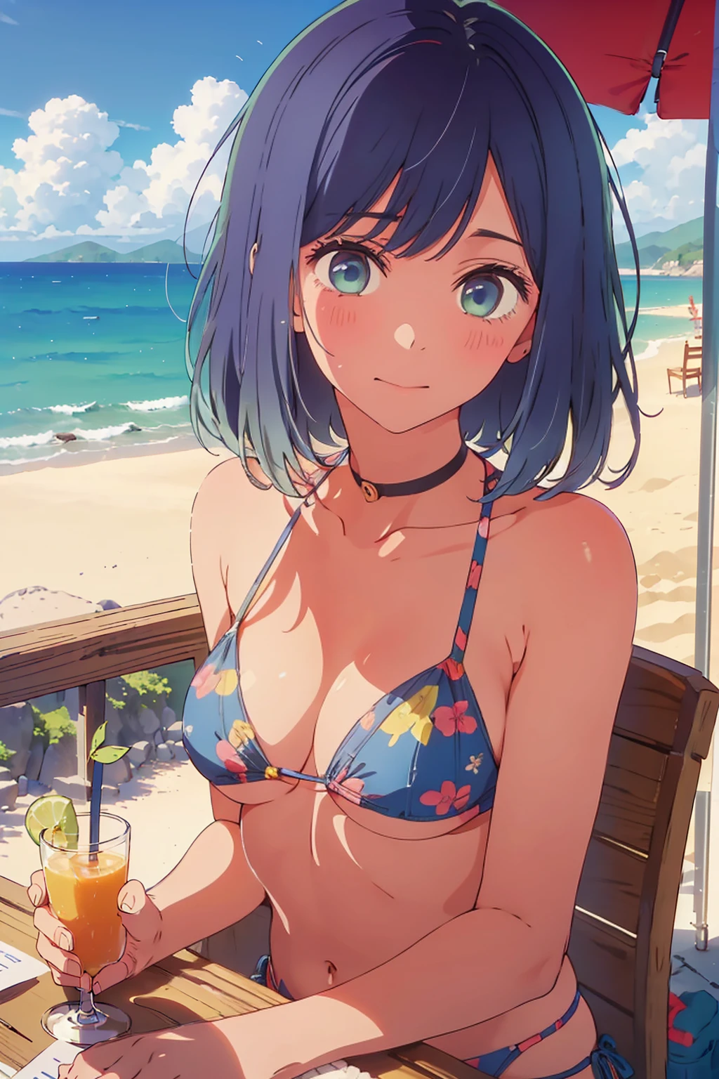 (Highest quality:1.4、masterpiece:1.4、Super detailed:1.4、8K:1.4)、((((1 person、Surprised expression、sit、Outdoor café terrace、coastal、juice、table、Sandy Beach、juiceのグラスを持つ、Plain Bikini、The depth of the written world、Very soft boobs、Big eyes、Very cute face))))、F cup bust、Medium breast、Underboob、Sideboob