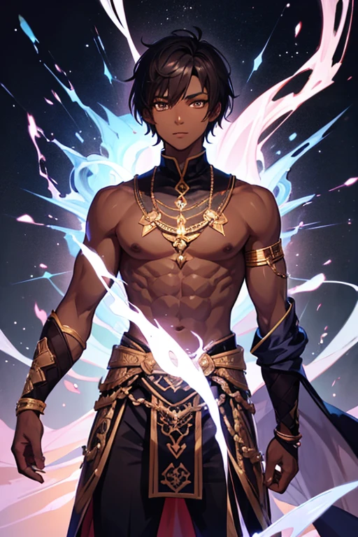 Dark skin, male, feminine, mystical, young, cute, short, short hair, brown eyes, mage, long nails, male