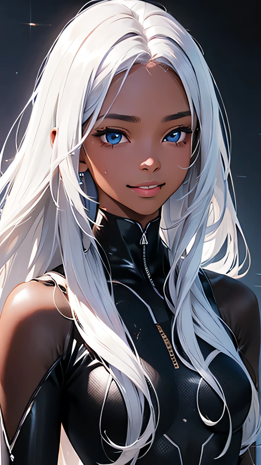highest quality、Realistic、zoom、girl、Silver Hair、Orange eyes、Long Straight Hair、Hero Suit、Black shiny leotard、Brown Skin、Black body、Dark skin、Black Chest、Bust Shot
