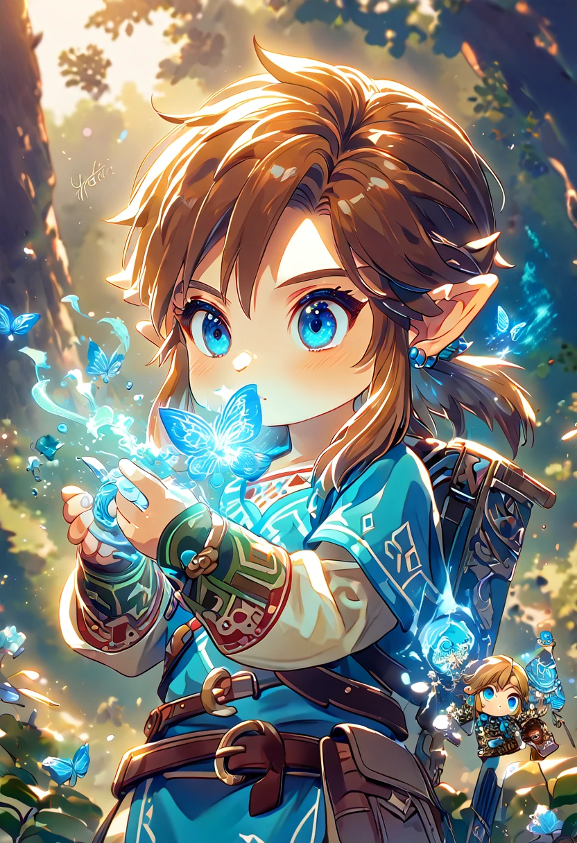 absurdres, highres, ultra detailed, HDR, master piece, best quality, extremely detailed, Link chibi, brown hair, expressive blue eyes, The Legend Of Zelda Breath Of The Wild, boy hugging a korok, cute, small, blue tunic, magical, fantasy, magic, blue fire, forest, glittering, blue butterflies, blue petals, blue flowers