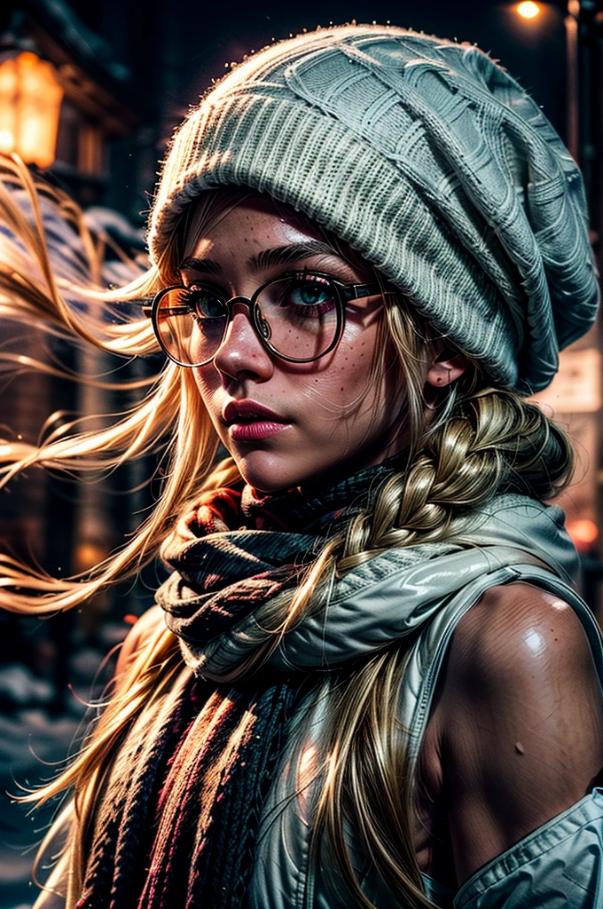 1 girl, blonde hair, long hair, crownbraid, snowcap, round eyewear, glasses, white winter furcoat, snow, standing, in snow, night, solo, orange lighting, pink scarf, hand on scarf, green eyes, black gloves, close up, moonlight, snowing, freckles