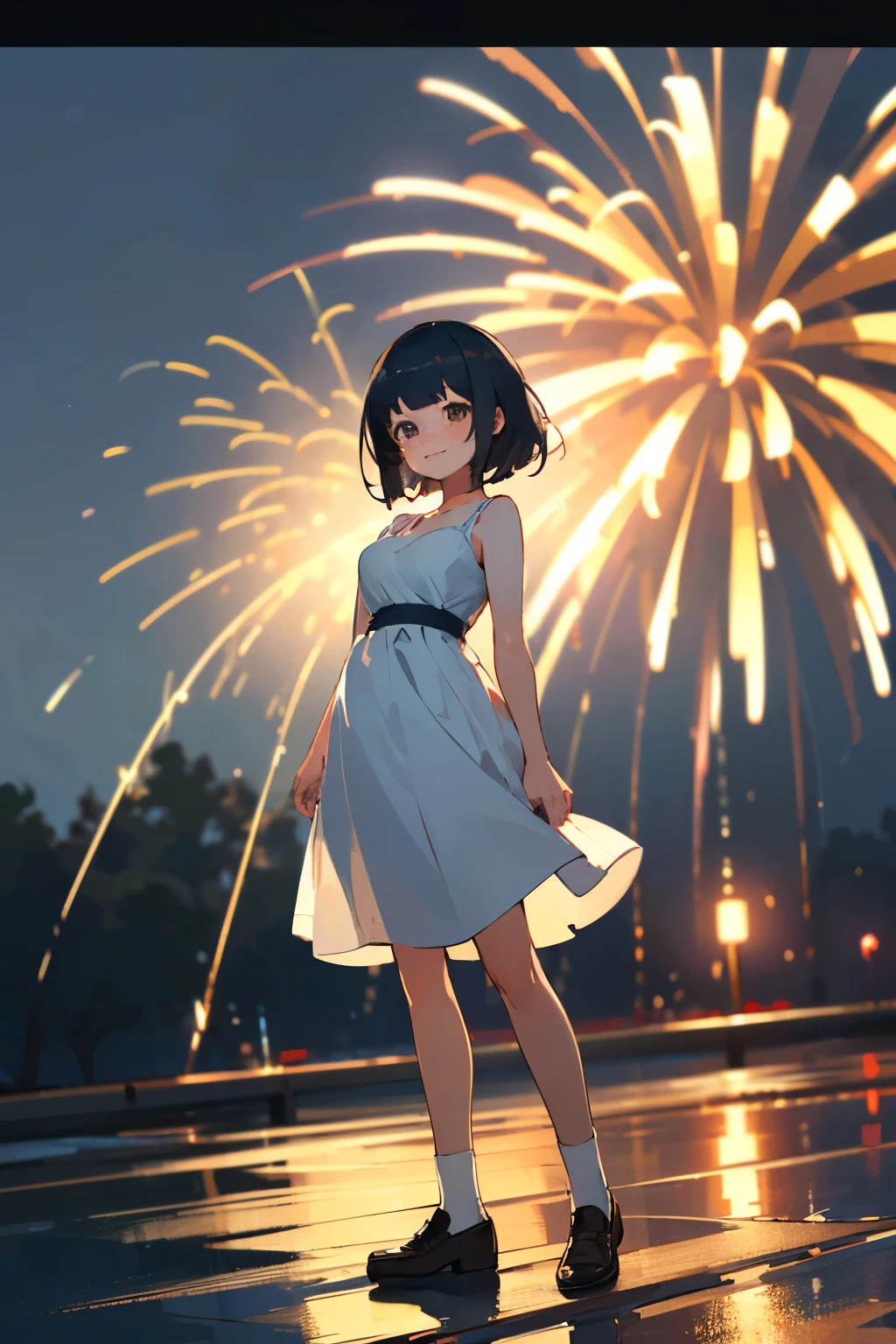 (high quality, High resolution, Very detailed, reality:1.37), Peaceful atmosphere, (Night Sky, firework),  girl standing alone, (my breasts are big.), Beautiful details, Cute Smile, (Black bob hair), White camisole dress, White socks, loafers.