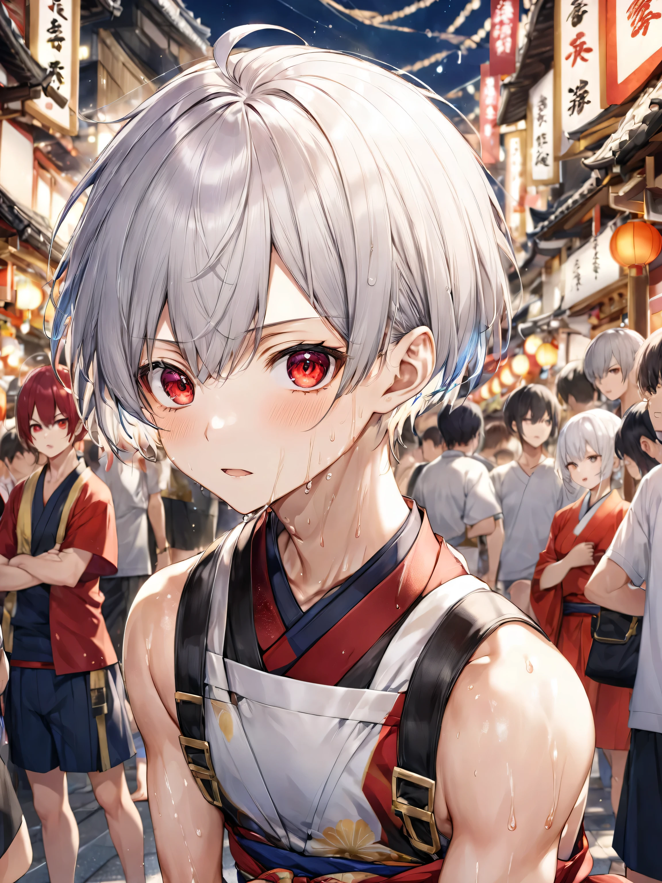 Hakata Gion Yamakasa Mikoshi, (a 16 yo, silver crew cut hair very short hair divine fighter boy, serious face, cool red eyes, sweaty), in a Festival Fundosi:1.3, break, in the Hakata Gion Yamakasa festival venue, BREAK, perfect anatomy, masterpiece, best quality, 16k, beautiful detailed grow, daydreaming expression.