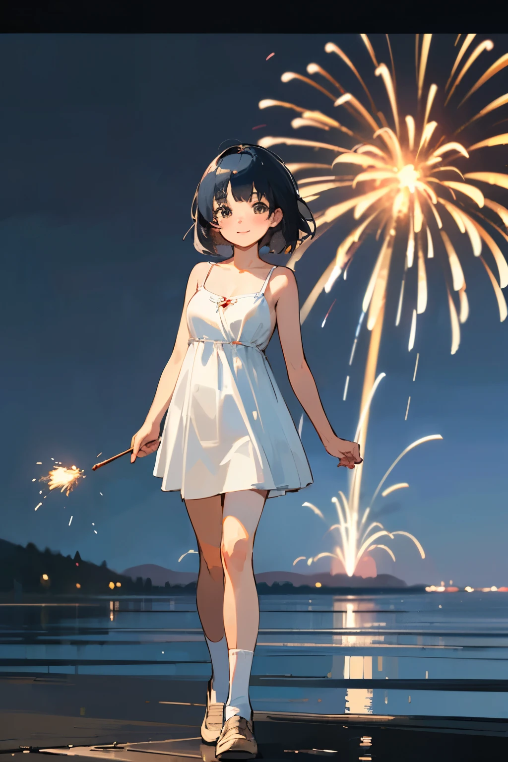 (high quality, High resolution, Very detailed, reality:1.37), Peaceful atmosphere, (Night Sky, firework), Teenage girl standing alone, (my breasts are big.), Beautiful details, Cute Smile, (Black bob hair), White camisole dress, White socks, loafers.