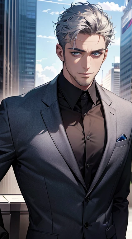 (best quality,4k,8k,highres,masterpiece:1.2),ultra-detailed,(realistic,photorealistic,photo-realistic:1.37),1 man,31 years old,mature man,very handsome,without expression,smile,short grey blue hair,blue eyes,penetrating gaze,perfect face without errors,imposing posture,businessman,office background,cinematic lighting,hdr image