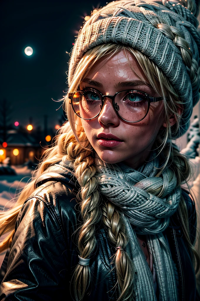 1 girl, blonde hair, long hair, crownbraid, snowcap, round eyewear, glasses, white winter furcoat, snow, standing, in snow, night, solo, orange lighting, pink scarf, hand on scarf, green eyes, black gloves, close up, moonlight, snowing, freckles