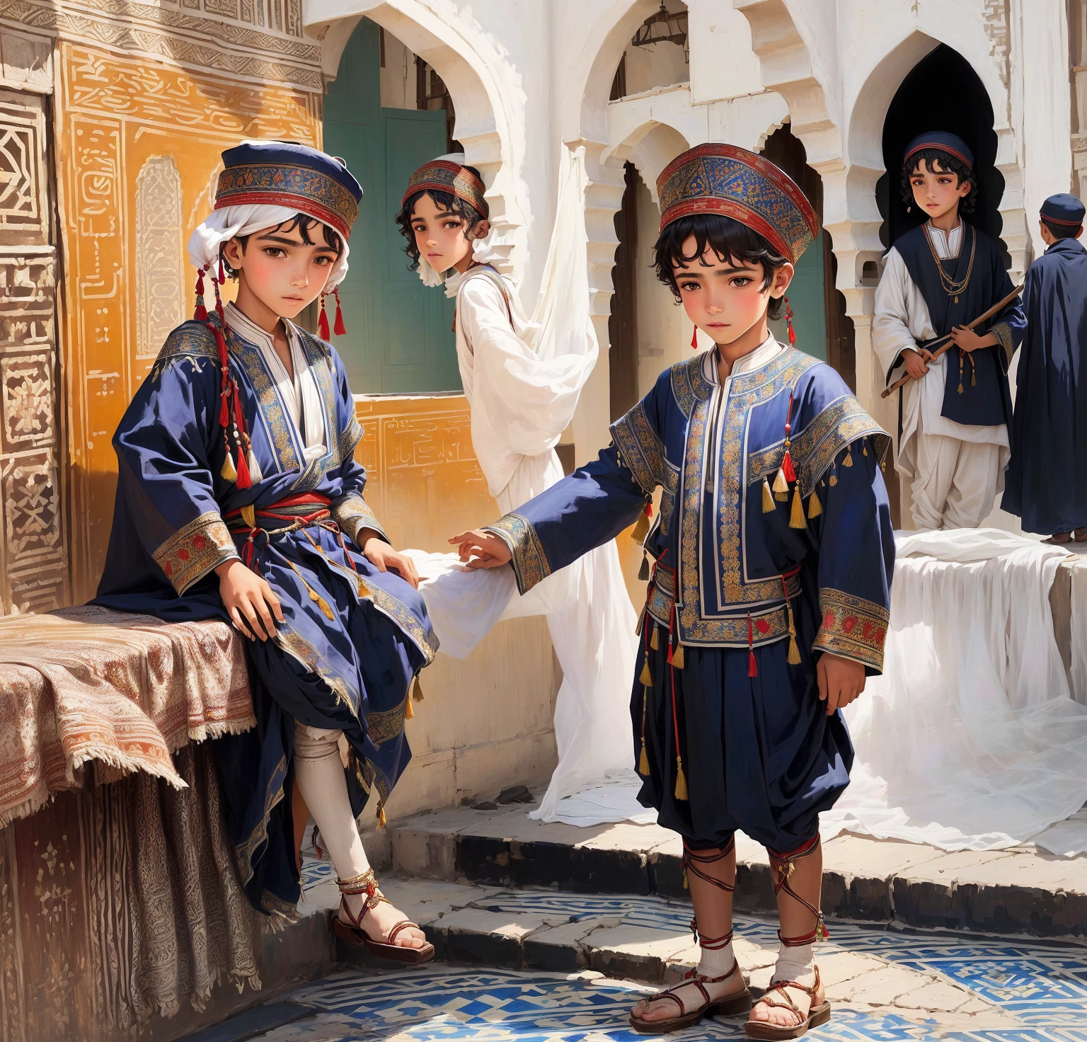 there are two children that are standing on a ledge, traditional clothes, by Abdullah Gërguri, by Alberto Morrocco, morocco, digitally painted, by Riad Beyrouti, 14 yo berber boy, wonderful, traditional clothing, wearing traditional garb, by Zahari Zograf, by Elaine Hamilton, traditional costume, mesmerizing, cute boys
