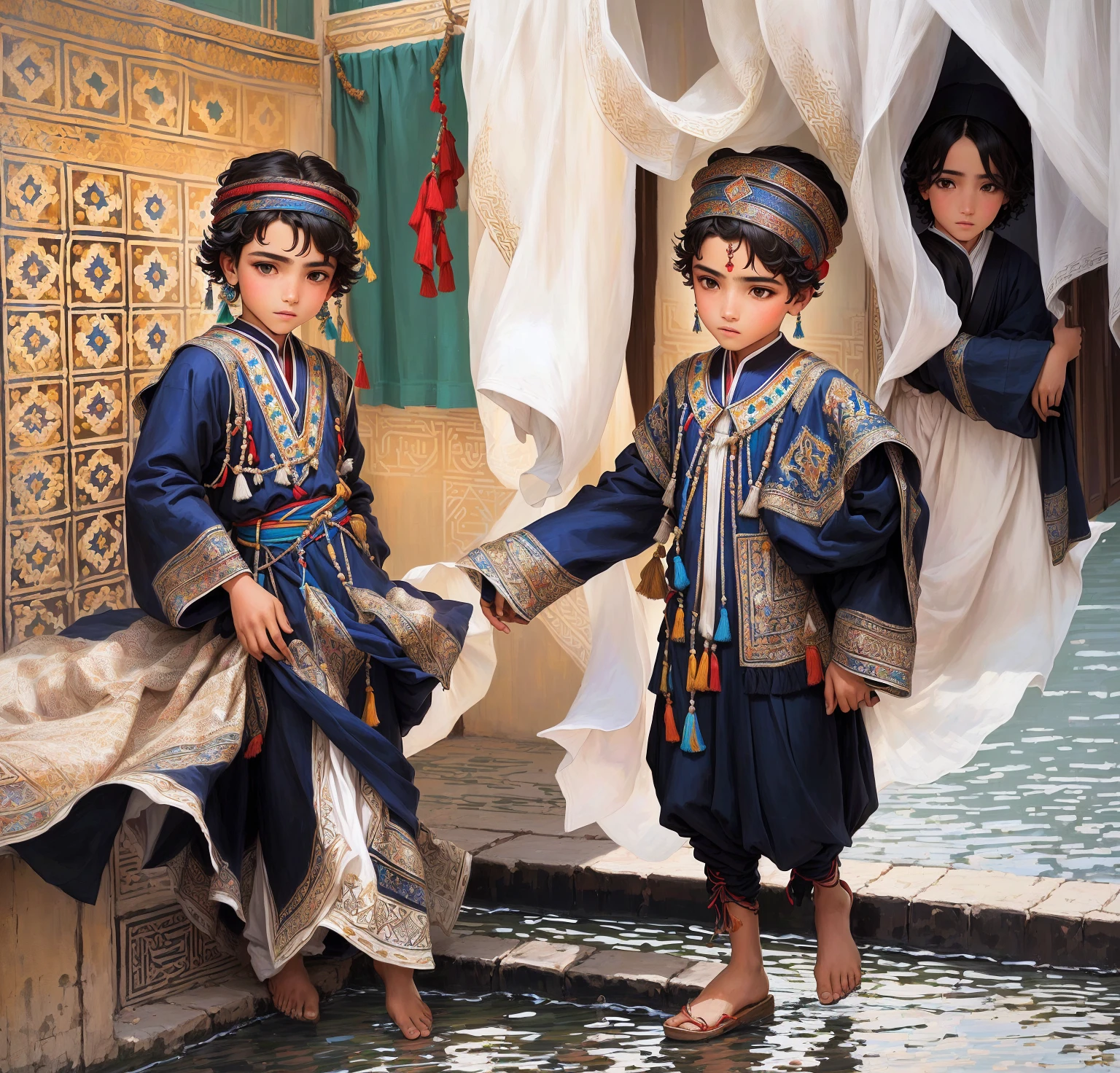 there are two children that are standing on a ledge, traditional clothes, by Abdullah Gërguri, by Alberto Morrocco, morocco, digitally painted, by Riad Beyrouti, 14 yo berber boy, wonderful, traditional clothing, wearing traditional garb, by Zahari Zograf, by Elaine Hamilton, traditional costume, mesmerizing, cute boys
