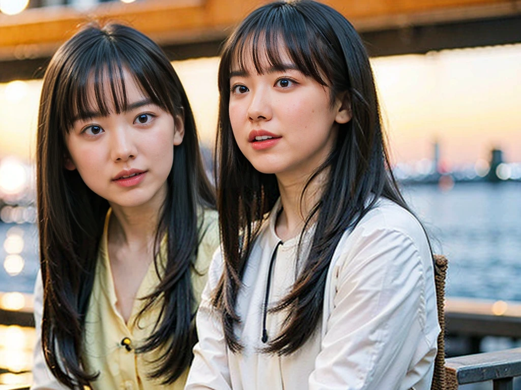 Medium Shot, Medium Shot, Depth of written boundary, bust, Upper Body, Movie angle, masterpiece, Highest quality, Very detailed, CG, 8k wallpaper, Pretty face, Delicate eyes, country々, alone, Long white hair, Yellow Eyes, hairpin, White shirt, black hooded jacket, Black baseball cap, Black Stockings, Black knee-high boots, sunset, 中世のport, port, Detailed water surface, Sun reflection