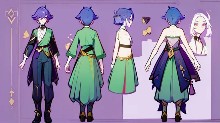 (Masterpiece, best quality), detailed, 1 woman, ((character concept art)), ((character design sheet, same character, front, side, back)), full body, body complete, 1 female, 1 women. Detailed face, character design sheet full body, Highly detailed, character sheet, character design, Many parts, pale skin, green eyes, short purple hair, male hairstyle, short male hair, lavender flower, lavender flower reference, lavender flower character reference, lavender flower inspired, male clothes, male clothing, flat chest, Solar, Sun, Solarpunk, Solarpunk reference, Solarpunk inspired outfit, pants, gold details, pastel purple, dark green outfit color palette.