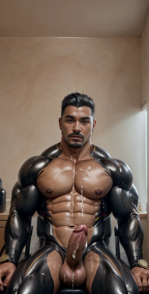 (masterpiece, intricately detailed, highest resolution, best quality:1.2), (doujin), a cocky Latino Instagram influencer,a 24 y.o muscle stud with a muscular physique sitting on a chair with black eyes,dark-skinned male, wearing a ((Ironman inspired catsuit costume, no helmet)), (excessive cum), (cum on body), (cum drip), flaccid penis,saggy balls,hairy chest,vascular,muscle striations,soft light,fantastic realism,