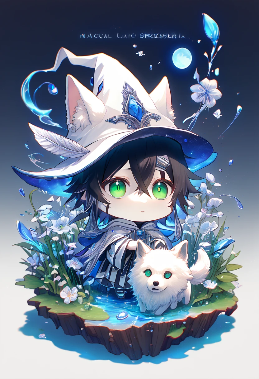 absurdres, highres, ultra detailed, HDR, master piece, Ulquiorra Cifer chibi, black hair, expressive green eyes, boy hugging a wolf, white wolf, pale skin, Bleach, magical hat, cute, best quality, blue moon, flowers, fantasy, magical, solo, water, blue shining fireflies, blue petals, cape, the word "Krozseria" is written on his shirt,