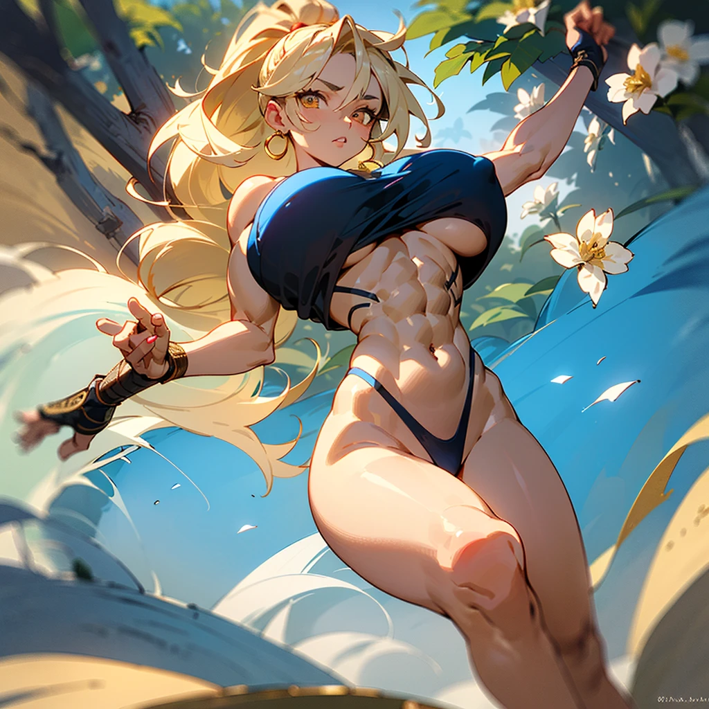 ((best quality)), ((masterpiece)), (detailed), 1girl, off-shoulder sweater, 8k_wallpaper, extremely detailed eyes, extremely detailed body, (large masterpiece digital art), ((perfect anatomy huge chest)), (intricate details:1.3), (ultra-detailed:1.3), (sharp focus:1.3), (natural lighting:1.05), (vivid colors:1.3), (best quality:1.4), high quality, expressive eyes, full body, tall girl, detailed face, beautiful face, perfect face, detailed ((sand hair)), (gold eyes), {{dark skin}}, ({dark skinned female}), gigantic breasts, thick thighs, a young Korean woman, (with golden eyes), (ponytail sandy lush hair), {tanned dark bronze skin}, (a huge chest), [[nipple piercing]], powerful sculpted leg muscles, powerful sculpted arm muscles, powerful sculpted abdominal muscles, sculpted thigh muscles, no underwear, naked, walking through the forest, trees with blue foliage and white flowers,