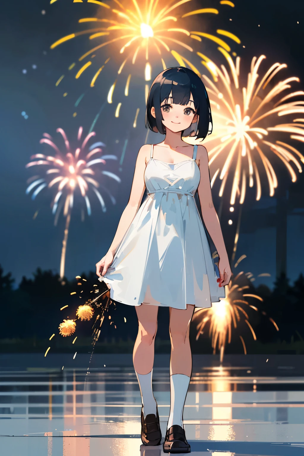 (high quality, High resolution, Very detailed, reality:1.37), Peaceful atmosphere, (Night Sky, firework), Teenage girl standing alone, (my breasts are big.), Beautiful details, Cute Smile, (Black bob hair), White camisole dress, White socks, loafers.