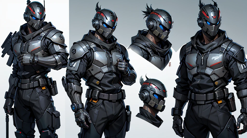 Character design sheet、male、Black combat uniform、Body Armor、Powered Suit、Full Face Mask、cyber punk、Round head full face helmet