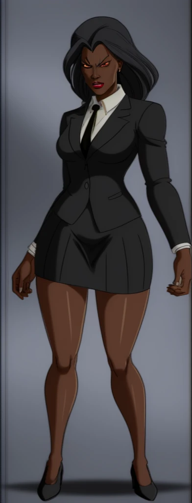 Evil black skinned business woman in a skirt suit 