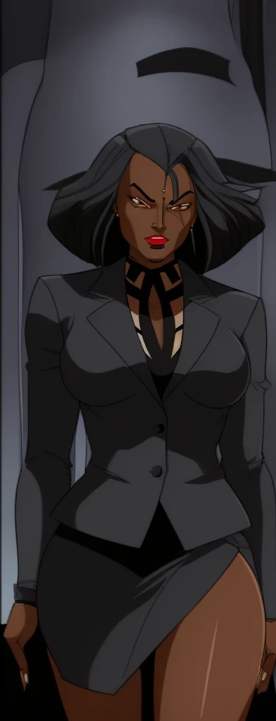 Evil black skinned business woman in a skirt suit 