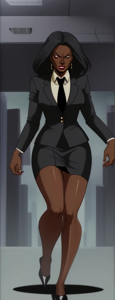 Evil black skinned business woman in a skirt suit 