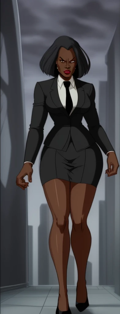 Evil black skinned business woman in a skirt suit 