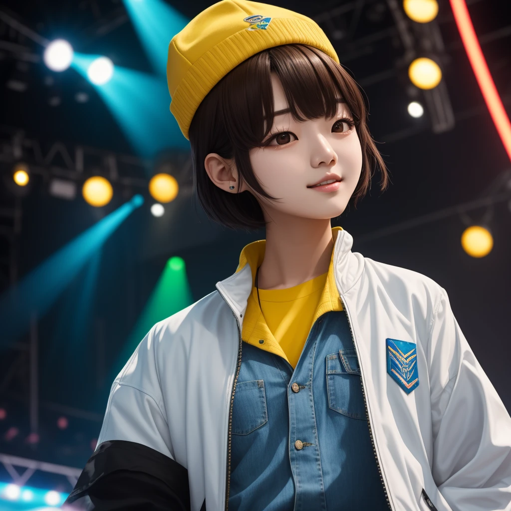"Generate an AI image of a young Korean idol with short black hair and nut brown eyes. She is styled in a fashionable white jacket with green accents over a blue shirt, accessorized with a bright yellow cap. The scene depicts her standing confidently on a brightly lit stage, surrounded by a dynamic array of stage lights. She exudes happiness and charisma, embodying the spirit of K-pop culture. The background should subtly incorporate references to Korean pop culture, adding depth and context to the vibrant and energetic atmosphere."