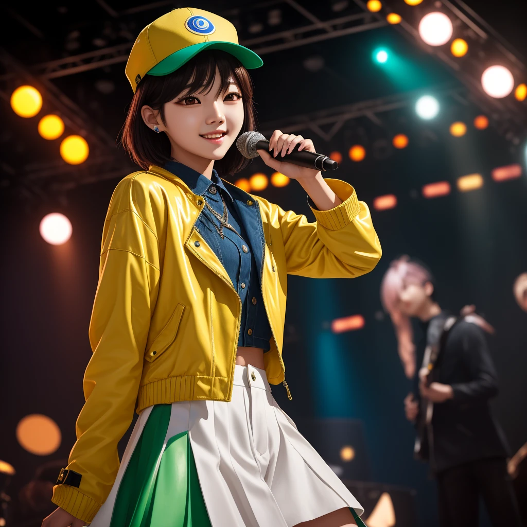 "Generate an AI image of a young Korean idol with short black hair and nut brown eyes. She is styled in a fashionable white jacket with green accents over a blue shirt, accessorized with a bright yellow cap. The scene depicts her standing confidently on a brightly lit stage, surrounded by a dynamic array of stage lights. She exudes happiness and charisma, embodying the spirit of K-pop culture. The background should subtly incorporate references to Korean pop culture, adding depth and context to the vibrant and energetic atmosphere."