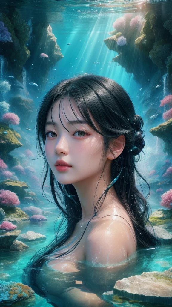 Stunning and beautiful Japanese girl with black hair submerged in crystal clear water, hyper-realistic digital painting, soft and natural lighting, 8k, depth of field, soft light, Nikon Z9, 85mm, f/1.8, award-winning photography, clear detailed, high quality