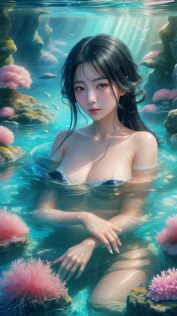 Stunning and beautiful Japanese girl with black hair submerged in crystal clear water, hyper-realistic digital painting, soft and natural lighting, 8k, depth of field, soft light, Nikon Z9, 85mm, f/1.8, award-winning photography, clear detailed, high quality