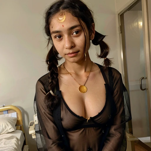  girl with medium length black hair, children's pigtails hair, Indian facial structure, shy expression, golden necklace, she wearing a sheer tight nurse suit, visible nipples, marked nipples, she in a hospital,