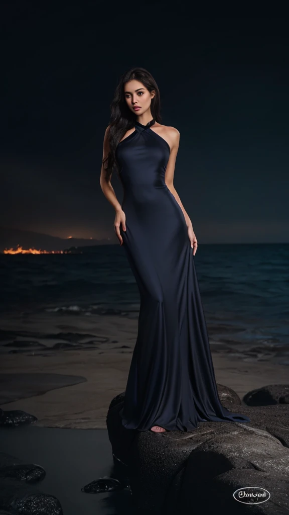 (8k, RAW photo, best quality,masterpiece:1.2),(realistic, photo-realistic:1.37),
1girl,long legs, full body,lava dress,simple background,ocean,
 