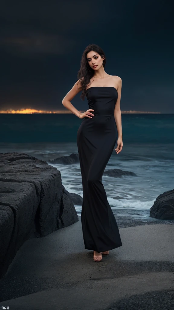 (8k, RAW photo, best quality,masterpiece:1.2),(realistic, photo-realistic:1.37),
1girl,long legs, full body,lava dress,simple background,ocean,
 