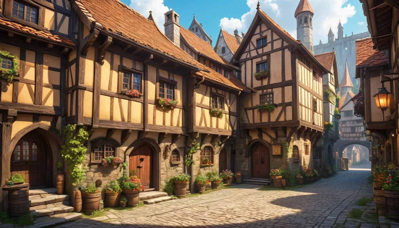 (anime, fantasy, medieval town), (detailed CG unity 8k wallpaper, masterpiece, best quality, ultra-detailed, HDR:1.2), vibrant colors, intricate, high FXAA, a humble medieval town, intersection alley, fantasy medieval, unique houses, dramatic lighting, dramatic camera angle