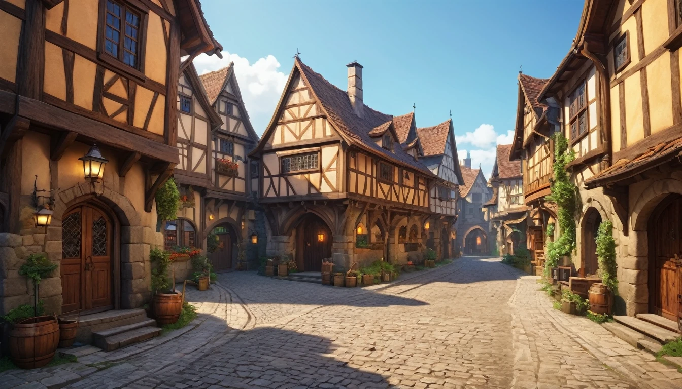 (anime, fantasy, medieval town), (detailed CG unity 8k wallpaper, masterpiece, best quality, ultra-detailed, HDR:1.2), vibrant colors, intricate, high FXAA, a humble medieval town, intersection alley, fantasy medieval, unique houses, dramatic lighting, dramatic camera angle