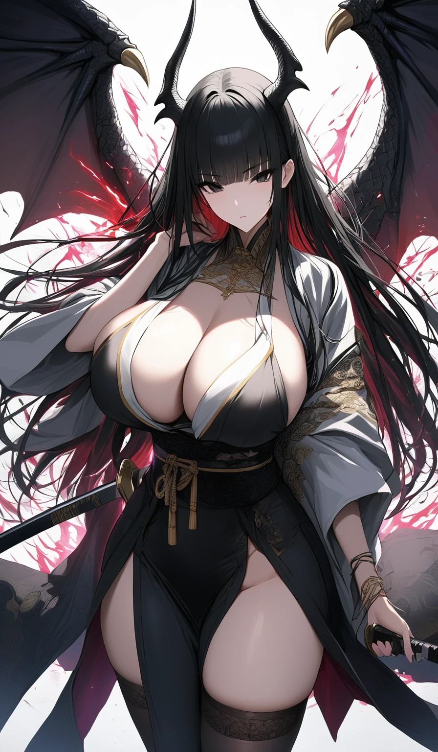 Masterpiece, very detailed, ultra detailed, one, (1 woman), Photo of a woman in a short Japan yukate with gold detal and black stockings, with a black katana in her hands an aura of kill, with black eyes, long black straight hair and straight bangs, with huge breasts, she with black demonic horns and black dragon wings, around her an aura of kill