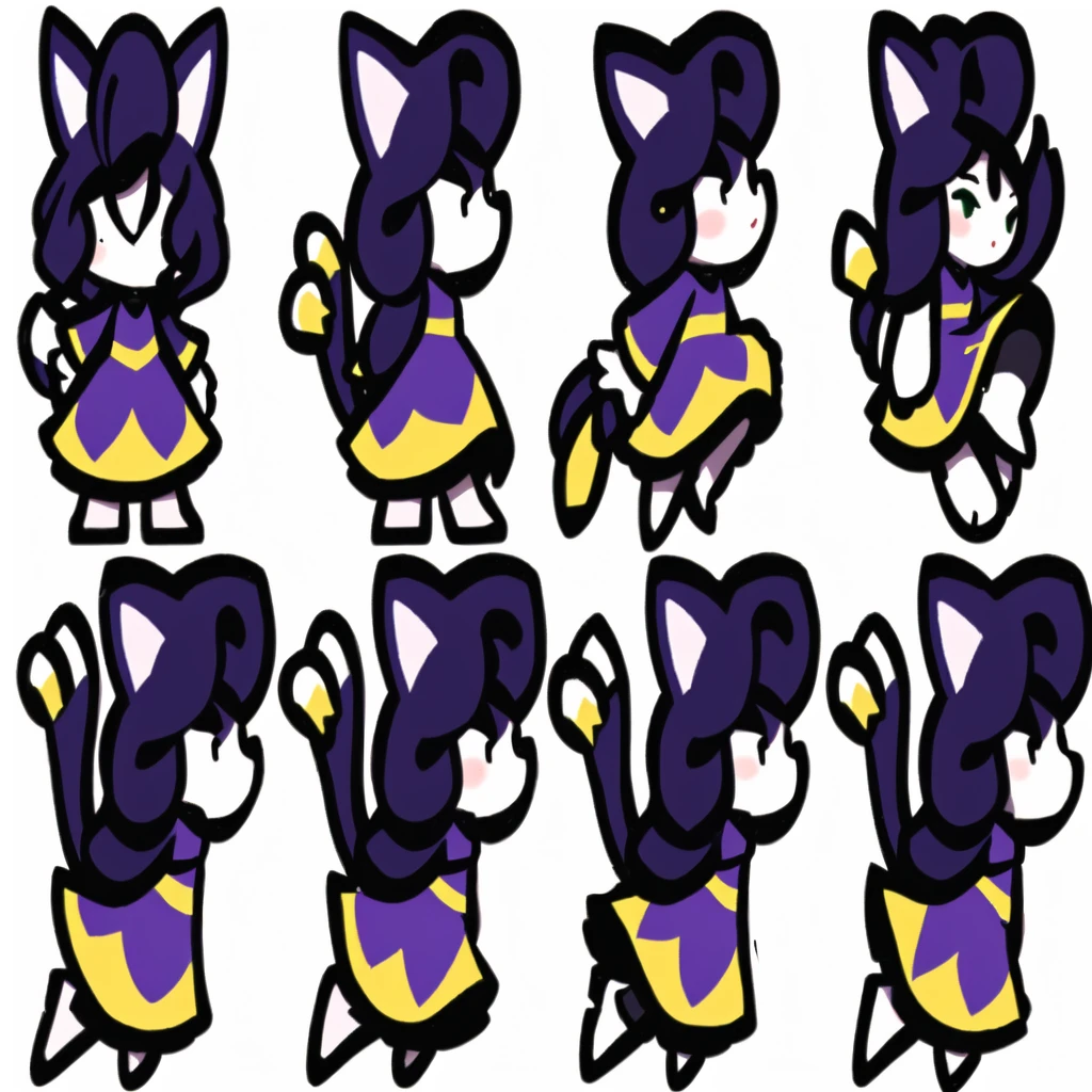 a close up of a cartoon character with different poses, spritesheet, sprite sheet, with familiar sprites, sprites, fairy girl, morgana, default pose neutral expression, twirling, sprite 2 d, shady, green fairy, smol,  multiple poses, cute chibi, kawaii