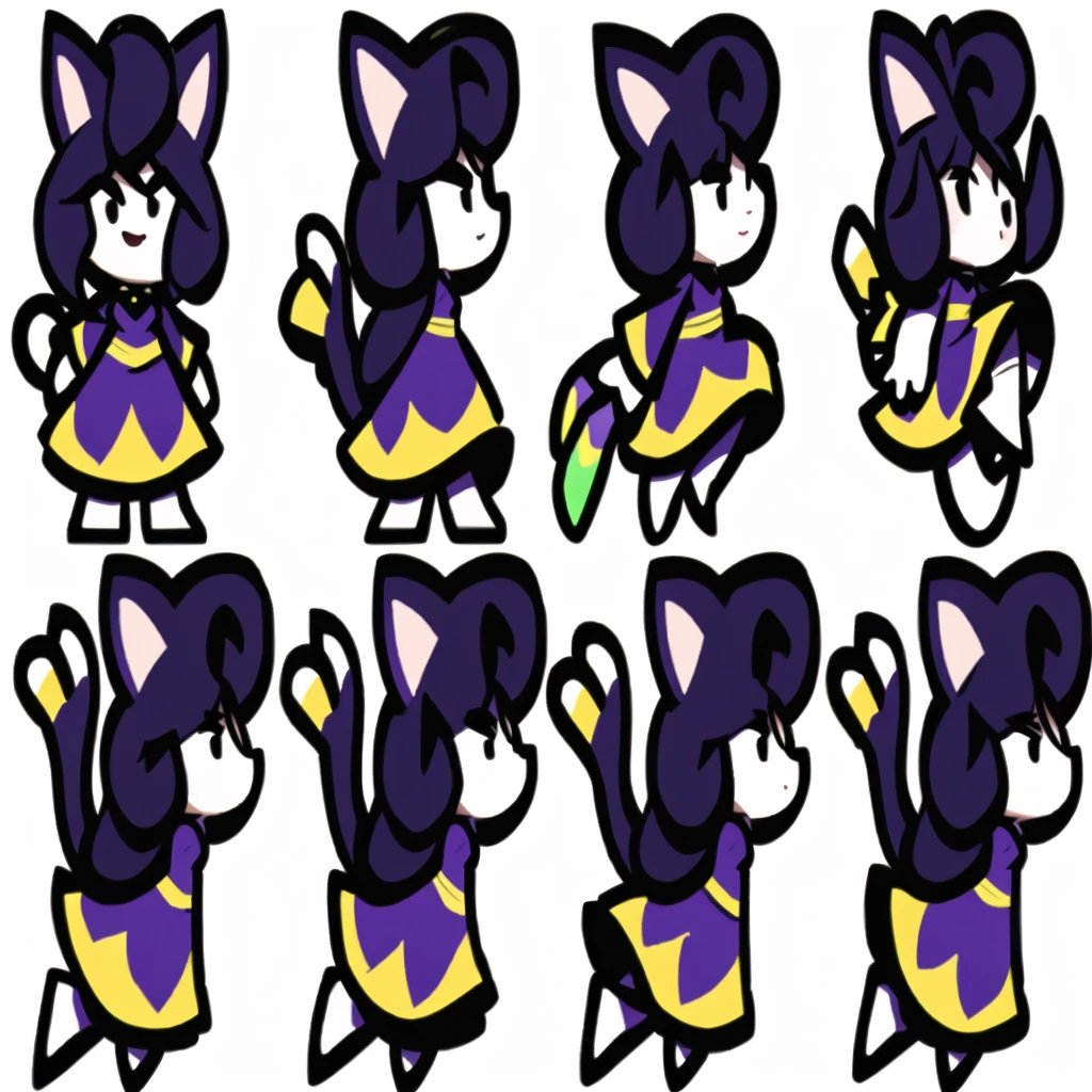 a close up of a cartoon character with different poses, spritesheet, sprite sheet, with familiar sprites, sprites, fairy girl, morgana, default pose neutral expression, twirling, sprite 2 d, shady, green fairy, smol, multiple poses, cute chibi, kawaii