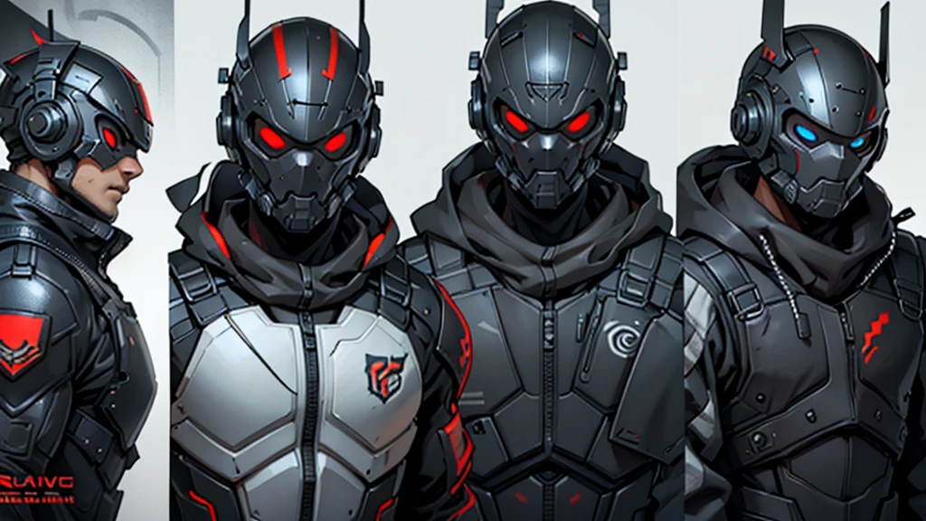 Character design sheet、male、Black combat uniform、Body Armor、Powered Suit、Full Face Mask、cyber punk、Round head full face helmet