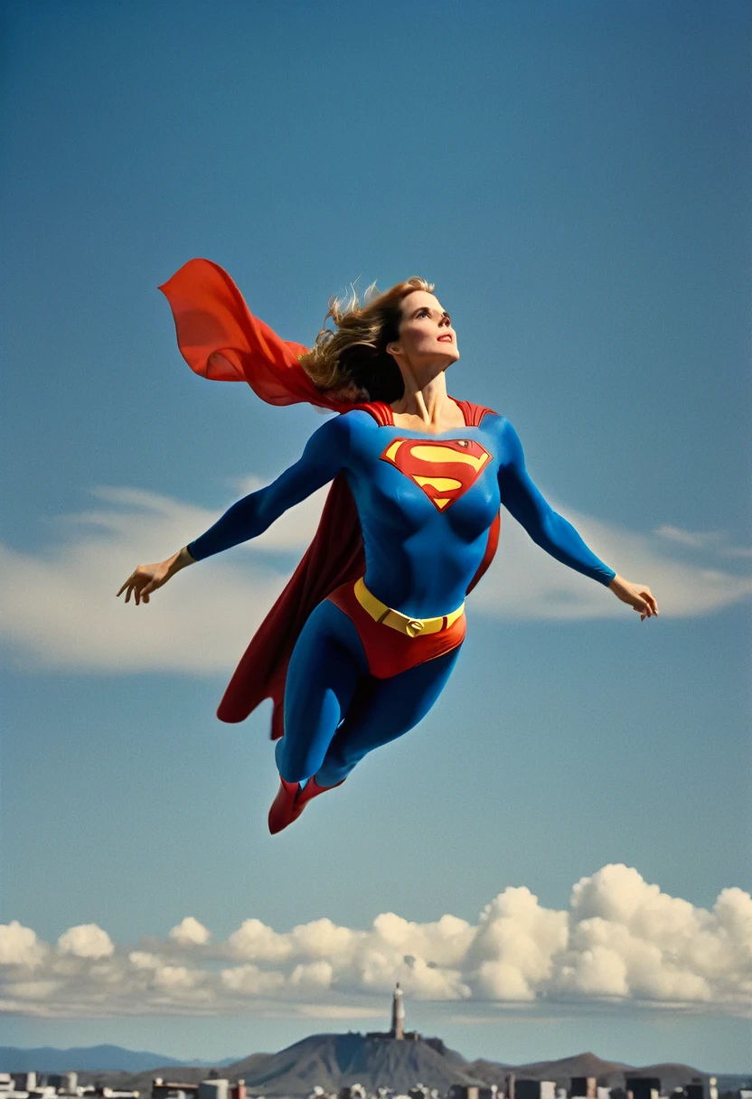 Julie Hagerty 1980 Superman movie; impulse to jump- posição de levan tar voo; braços esticados para cima; floating towards the sky. "para o alto e avante"; HD. Photograph, ((realism)), extremely high quality RAW photograph, ultra detailed photograph, sharp focus, high resolution, (detailed skin:1,3),high quality, film grain, Fujifilm XT3,Highly Detailed, movie, (Cinematic Photo:1.3) of (Realistic:1.3)