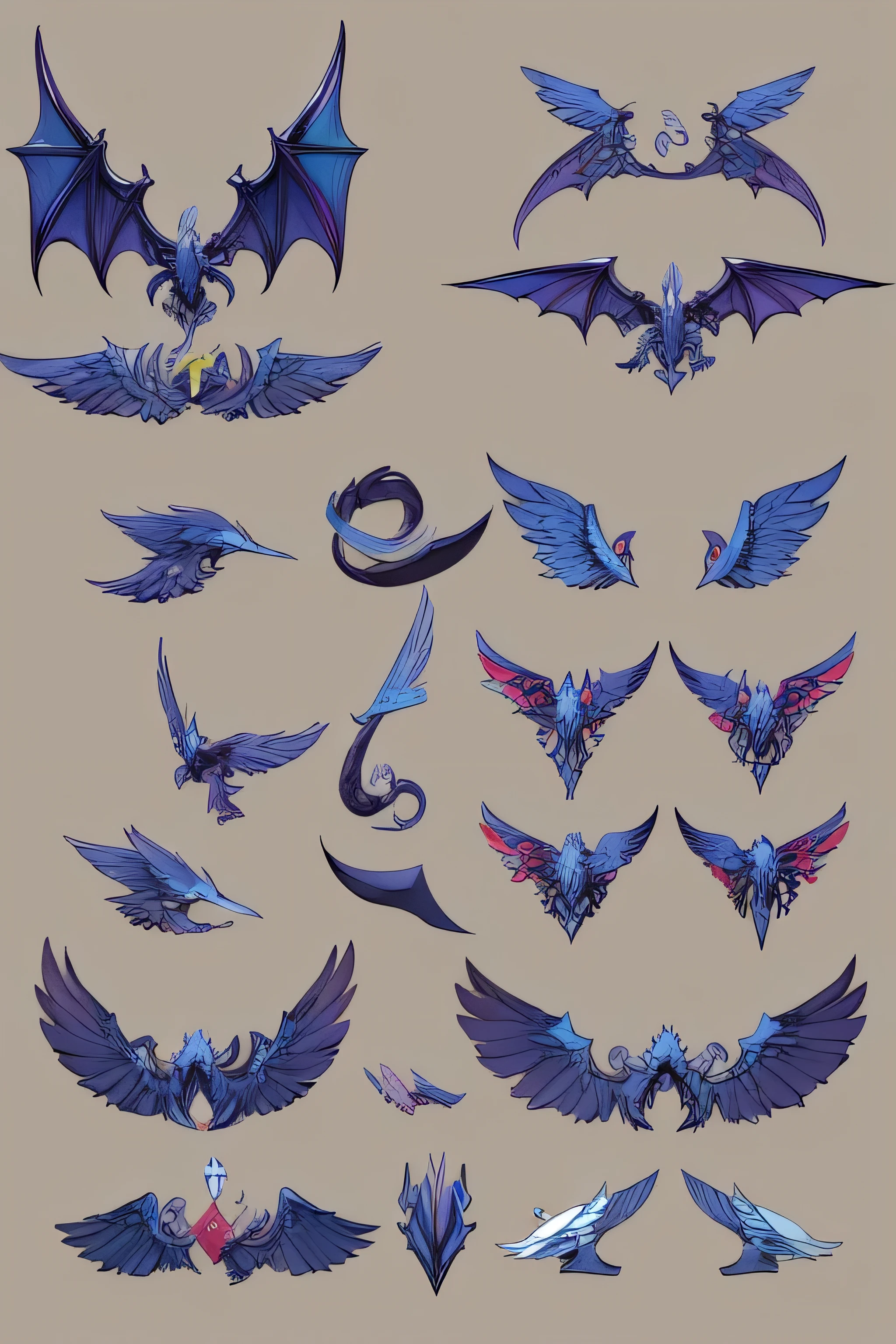 conceptual stylesheet of MULTIPLE ANGLED DRAGON WINGS, finished with MIX OF THE following styles, mechs, comix e dreamworks STUDIO
