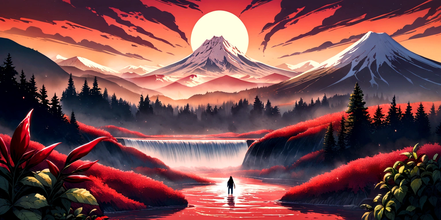 ultra wide landscape flooded with light moebius style, Red chilis, basil, mt hood, waterfall