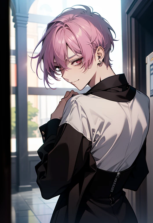 Tall man pastel pink hair purple eyes smiling strong and wearing a tight shirt 