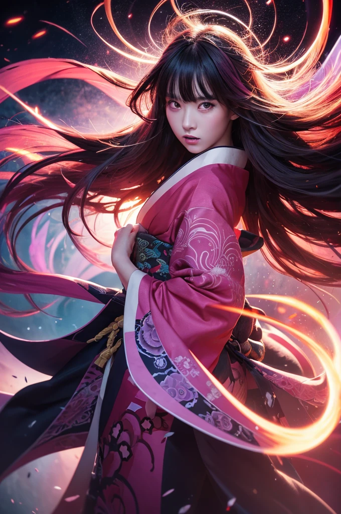 A fierce Japanese girl is depicted in a vertical, anime-style illustration. She has long, flowing dark hair highlighted with vibrant pink streaks, and her eyes glow an intense, matching pink. She is wearing a traditional kimono with intricate patterns, and her expression is determined and powerful. Her fist is extended forward, emanating bright, pink energy that swirls around her, creating a dynamic and intense atmosphere.
The background is a chaotic swirl of dark purples and pinks, enhancing the sense of movement and energy. The artist employs digital painting techniques to achieve high detail, particularly in the glowing energy effects and the intricate designs of the kimono. The lighting is dramatic, with strong contrasts and glowing highlights that emphasize the character's fierce aura. The use of vivid colors and dynamic composition creates a visually striking and emotionally charged image.