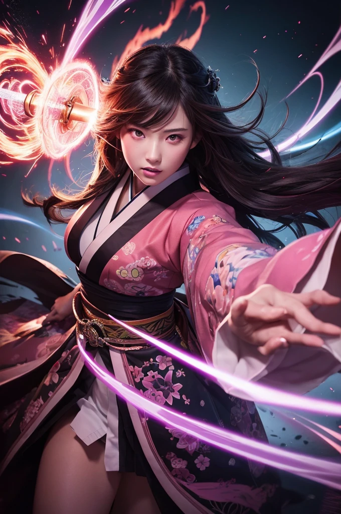 A fierce Japanese girl is depicted in a vertical, anime-style illustration. She has long, flowing dark hair highlighted with vibrant pink streaks, and her eyes glow an intense, matching pink. She is wearing a traditional kimono with intricate patterns, and her expression is determined and powerful. Her fist is extended forward, emanating bright, pink energy that swirls around her, creating a dynamic and intense atmosphere.
The background is a chaotic swirl of dark purples and pinks, enhancing the sense of movement and energy. The artist employs digital painting techniques to achieve high detail, particularly in the glowing energy effects and the intricate designs of the kimono. The lighting is dramatic, with strong contrasts and glowing highlights that emphasize the character's fierce aura. The use of vivid colors and dynamic composition creates a visually striking and emotionally charged image.