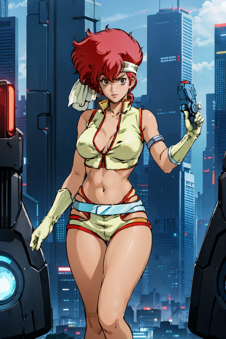 Kei from The Dirty Pair, , wearing a tight yellow outfit, frame, legs, medium breast, red hair beauty, cyberpunk city background, holding retro space-gun, headband, slim waist, slim thighs, thigh gap