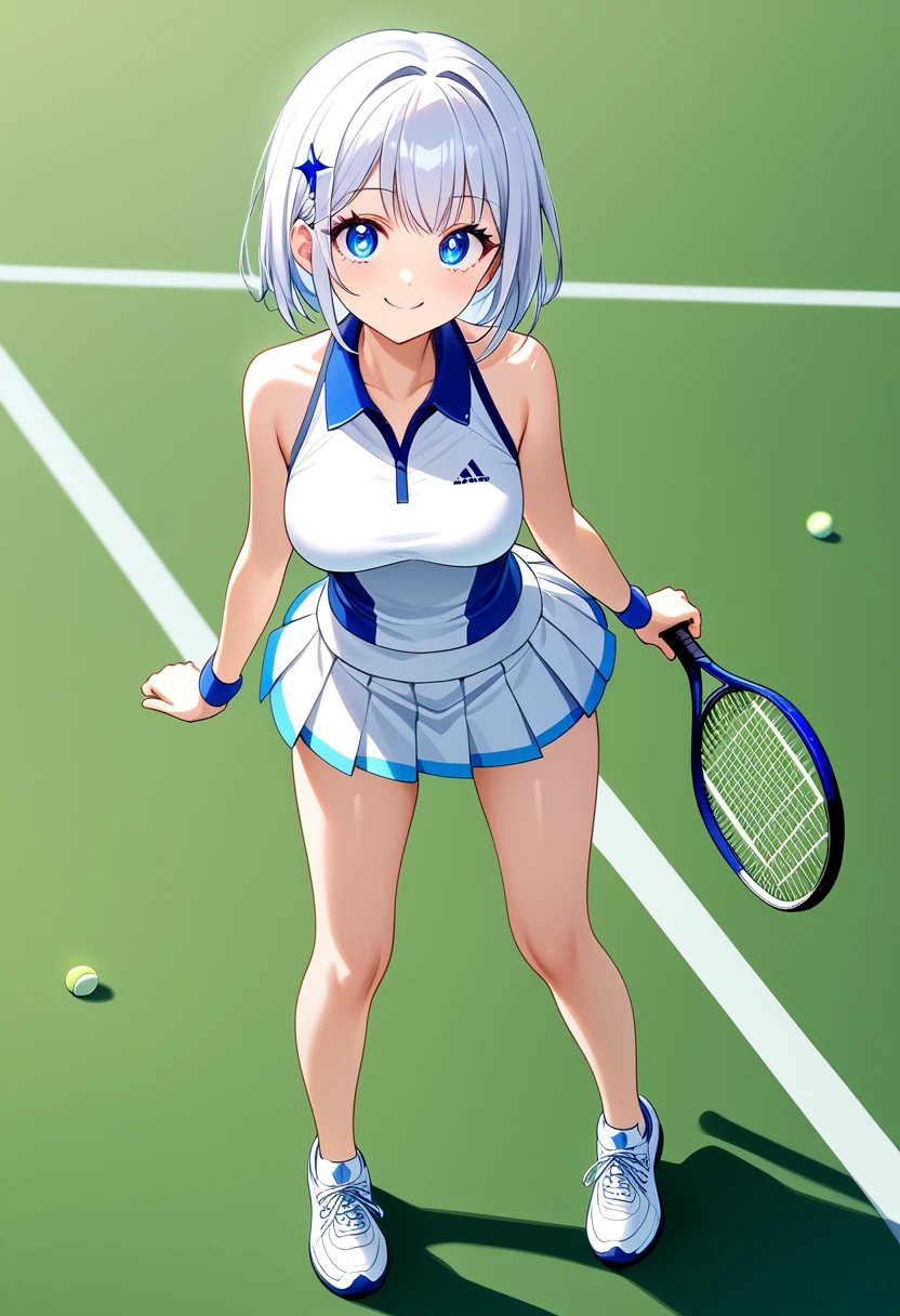 ((Highest quality)), ((masterpiece)), (be familiar with), Perfect Face, Big eyes, Drooping eyes, eyelash, The sparkling light of the eyes, tennis uniform, white pleated micro mini skirt, (underskirt), smile, medium breasts, closed mouth, whole body