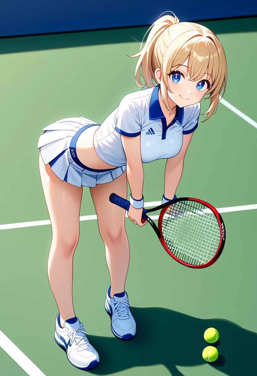 ((Highest quality)), ((masterpiece)), (be familiar with), Perfect Face, Big eyes, Drooping eyes, eyelash, The sparkling light of the eyes, tennis uniform, white pleated micro mini skirt, (underskirt), smile, medium breasts, closed mouth, whole body