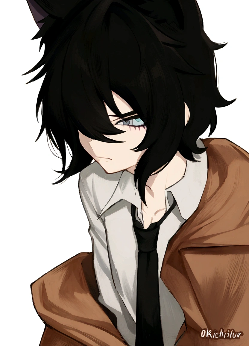 Anime boy with black hair and cat ears wearing a tie., Inspired by Okumura Masanobu, tall anime boy with blue eyes, Akane Owari Danganronpa, young animated, inspired by Okumura Togyu, anime style character, cartoon character, detailed cartoon character art, male cartoon character, picture of ((Mischievous))