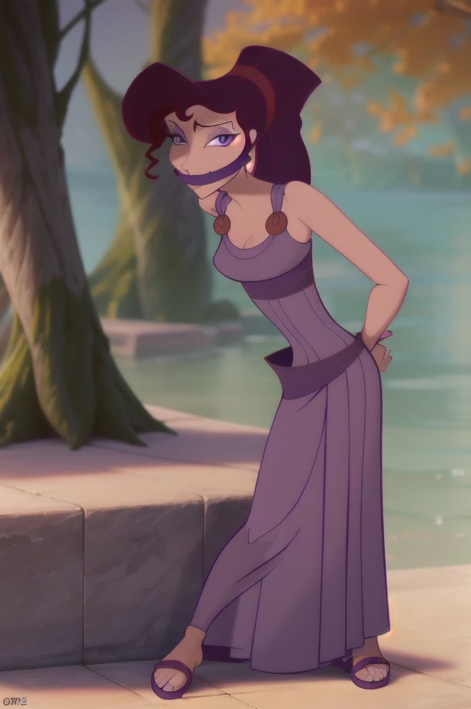 modelshoot style, megara, 1girl, long brunette hair, ponytail, purple eyes, eyeshadow, long Greek purple dress, sandals, bare shoulders, arms bound behind her back with gray chains, gray OTM cloth gagged, sitting on her knees, leaning forward, eyes wide with fear, looking at viewer
