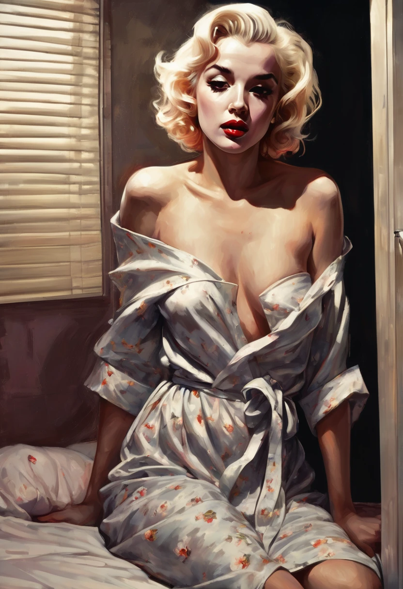 ((best quality))), (((Extremely detailed))), (((masterpiece))), illustration,Marilyn Monroe,,(Glowing skin:1.5),Messy hair,Shoulder-length straight hair,Dark circles,Bloodshot eyes,(Sad expression:1.3),(:1.5),(Towering chest:1.5),Sitting on the bed,In the bedroom,(Strapless cat print robe:1.3), Lost in thought, dimly light room, The soft glow of a digital clock, Dark curtains, Seclusion and introspection, Messy hair, Shadowed eyes, insomnia, Beautiful, Fragile beauty, Pale skin, Blush, heavy atmosphere, Quiet, The soft hum of the refrigerator, Woman with thoughtful expression, Searching Eyes, Grasping the essence of struggle, Vulnerability,(Night scene:1.3),Spread your legs,Put your hands behind your back