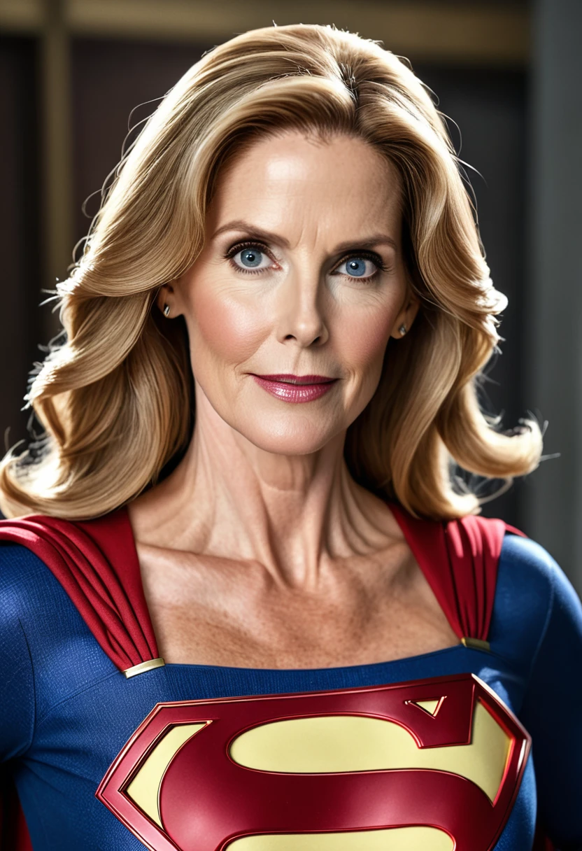 Julie Hagerty Supergirl; HD. Photograph, ((realism)), extremely high quality RAW photograph, ultra detailed photograph, sharp focus, high resolution, (detailed skin:1,3),high quality, film grain, Fujifilm XT3,Highly Detailed, movie, (Cinematic Photo:1.3) of (Realistic:1.3)