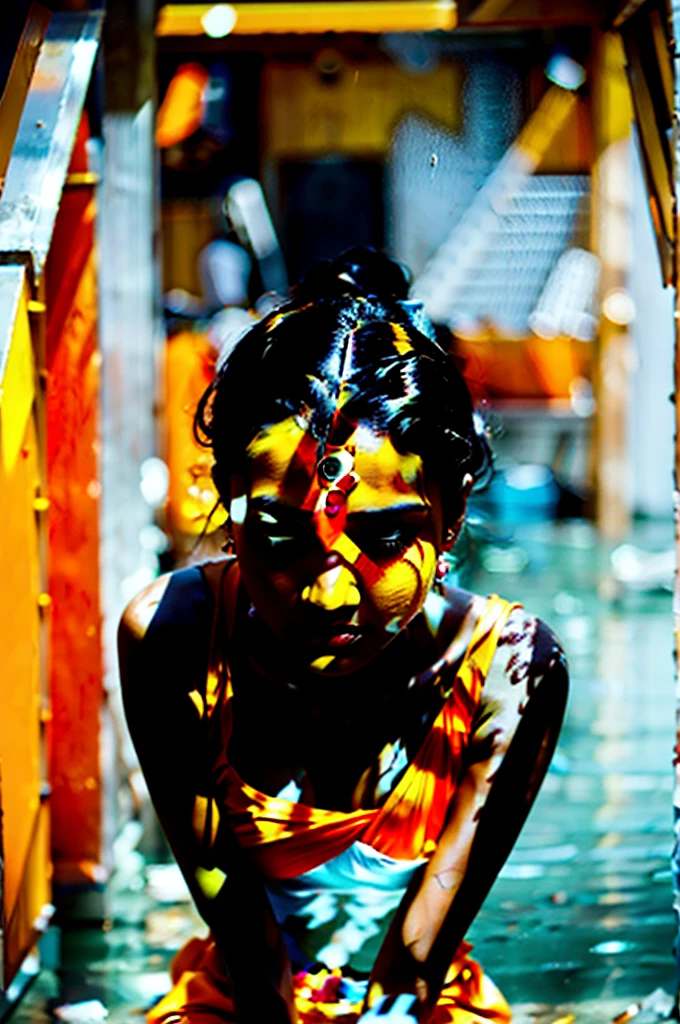 Full length Magazine Style Editorial Photography of indian women with fair skin diving into orange juice wearing orange dress, orange slice and ice cubes all over her body, 12 mm lens, modern style phtotography --ar 16:9